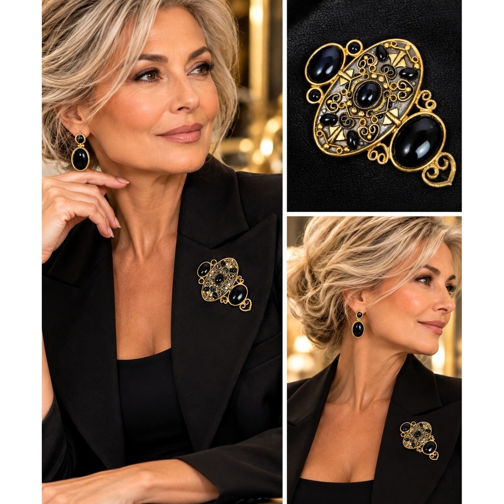 Michal Golan Brooch Pendant 3in Black With Gold Tone Ornate Statement Pin #1730